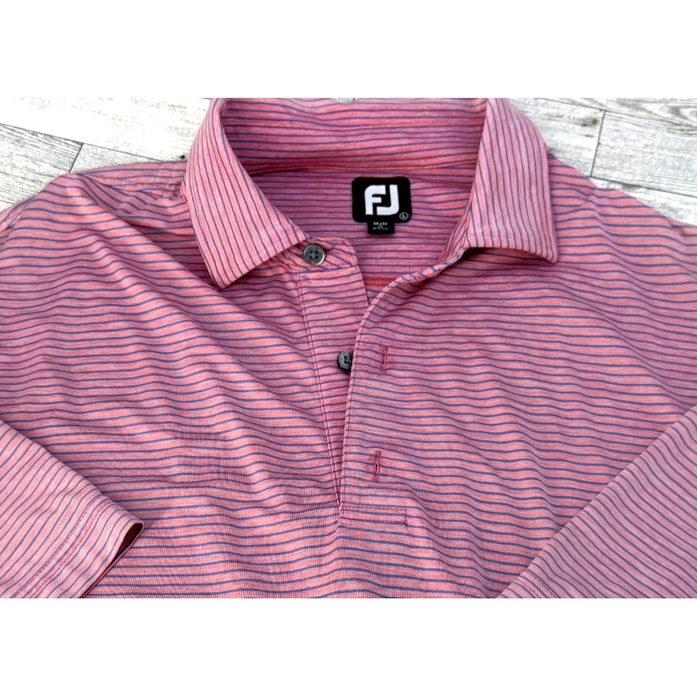 FOOT JOY FJ Golf Shirt Mens Pink Blue Striped Stretch Polo Short Sleeve LARGE